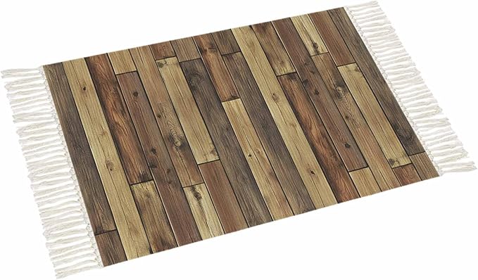 Brown Entryway Rug 2X3 Ft Bathroom Mat, Washable Woven Vintage Country Wooden Grain Throw Carpet with Tassel, Non-Shedding Farmhouse Cabin Retro Plank Stitching Art Indoor Outdoor Kitchen Doormats