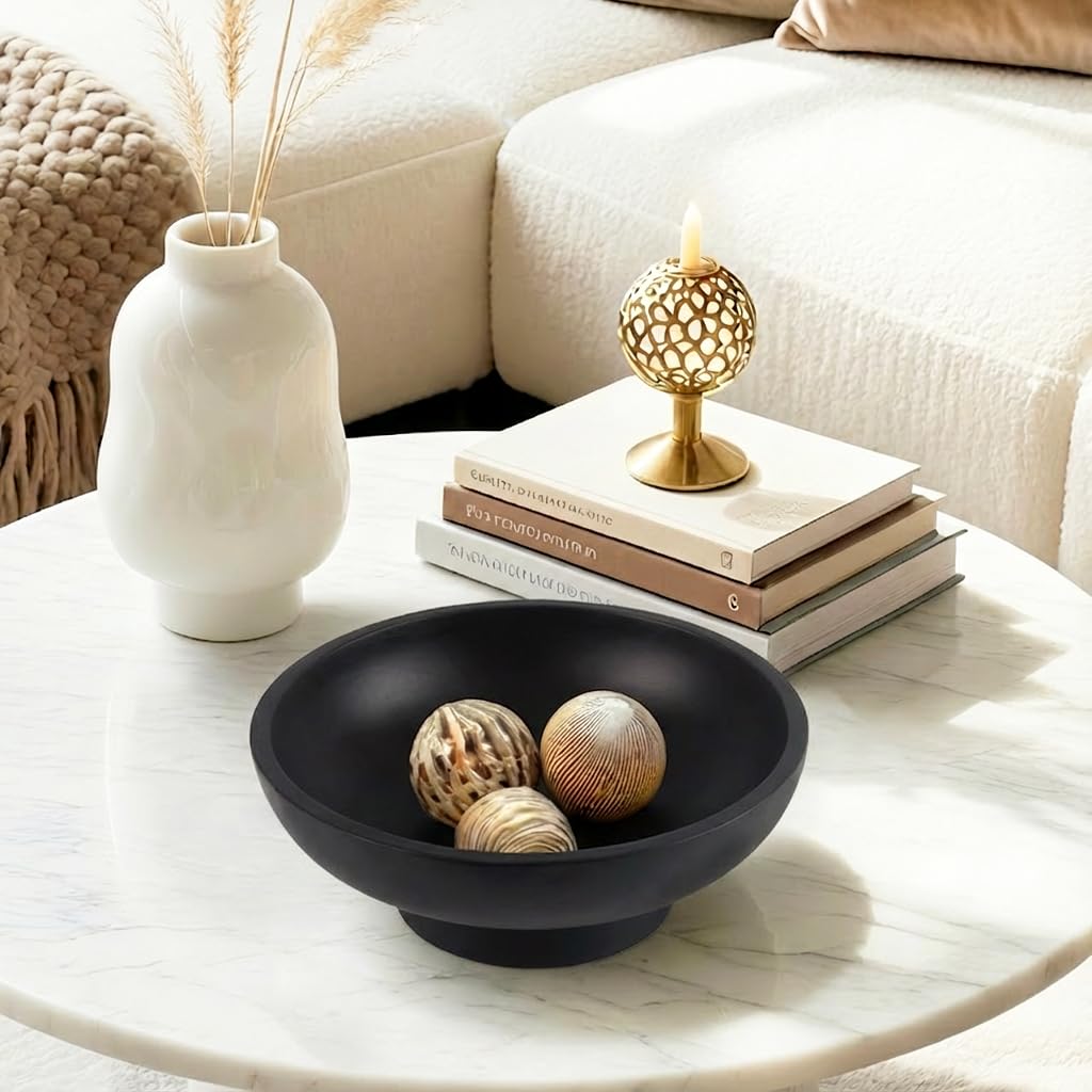 Plukers Catch All Decorative Fruit Bowl with Pedestal —Key, Purse & Trinket Holder | Entryway Table, Kitchen Counter, Coffee Console Decor | Modern Minimalist,Black