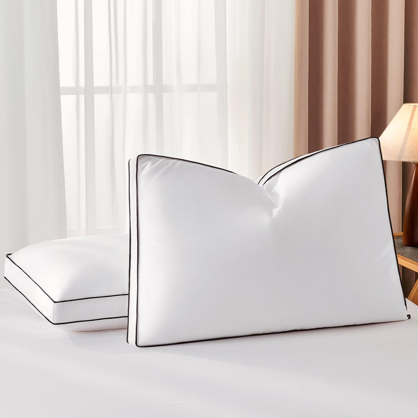DOWNSTORIA Goose Feather Down Queen Bed Pillows 2 Pack, Luxury Hotel Collection Pillows Set of 2 with Gusset, Down Surrounded Pillow for Side and Back Sleepers, Gusseted Fluffy Pillows 20x30 in.
