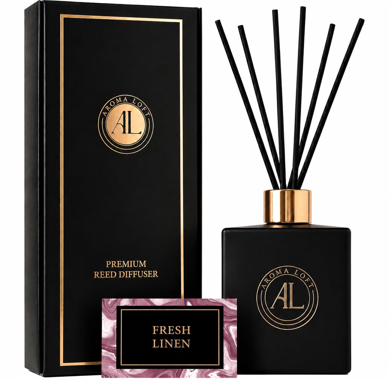 Reed Diffuser - Fragrance Diffuser for Home - 5 oz. Oil Diffuser Sticks - Bathroom Diffuser Set- Oil Diffuser Reeds - Scent Sticks in Oil-Office Smell Good Stuff (Black, Fresh Linen)