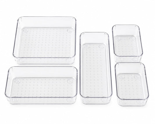 StillHaven Clear Drawer Organizer Set, 5-Piece Plastic Drawer Organizers, Multi-Size Bathroom Vanity Storage Trays for Makeup, Skincare, Kitchen, Office and Home Organization