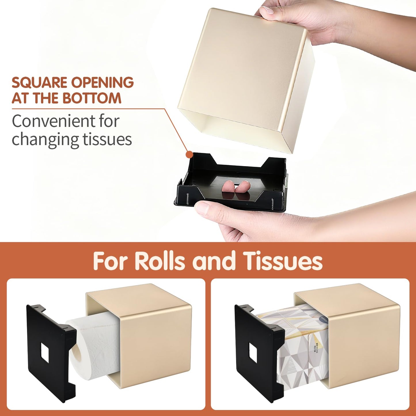 Y-in Hand Tissue Box Cover, Decorative Modern Square Facial Storage Tissue Box Holder, Home Accessories for Bathroom Vanity Countertops, Dressers, Night Stand, Parlors and Office - Champagne Gold
