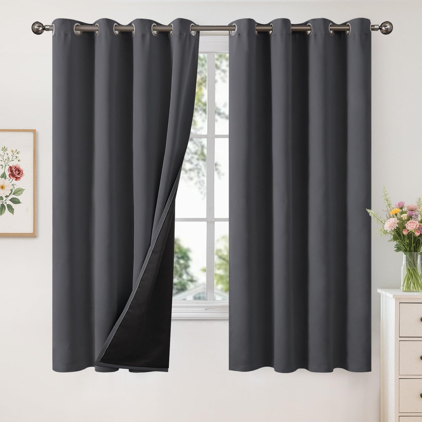 YoungsTex Insulated 100% Blackout Curtains for Bedroom, Thermal Black Out Drapes witrh Grommet Double Layer Energy Saving for Living Room, Dark Grey, 2 Panels, 52 X 63 Inch