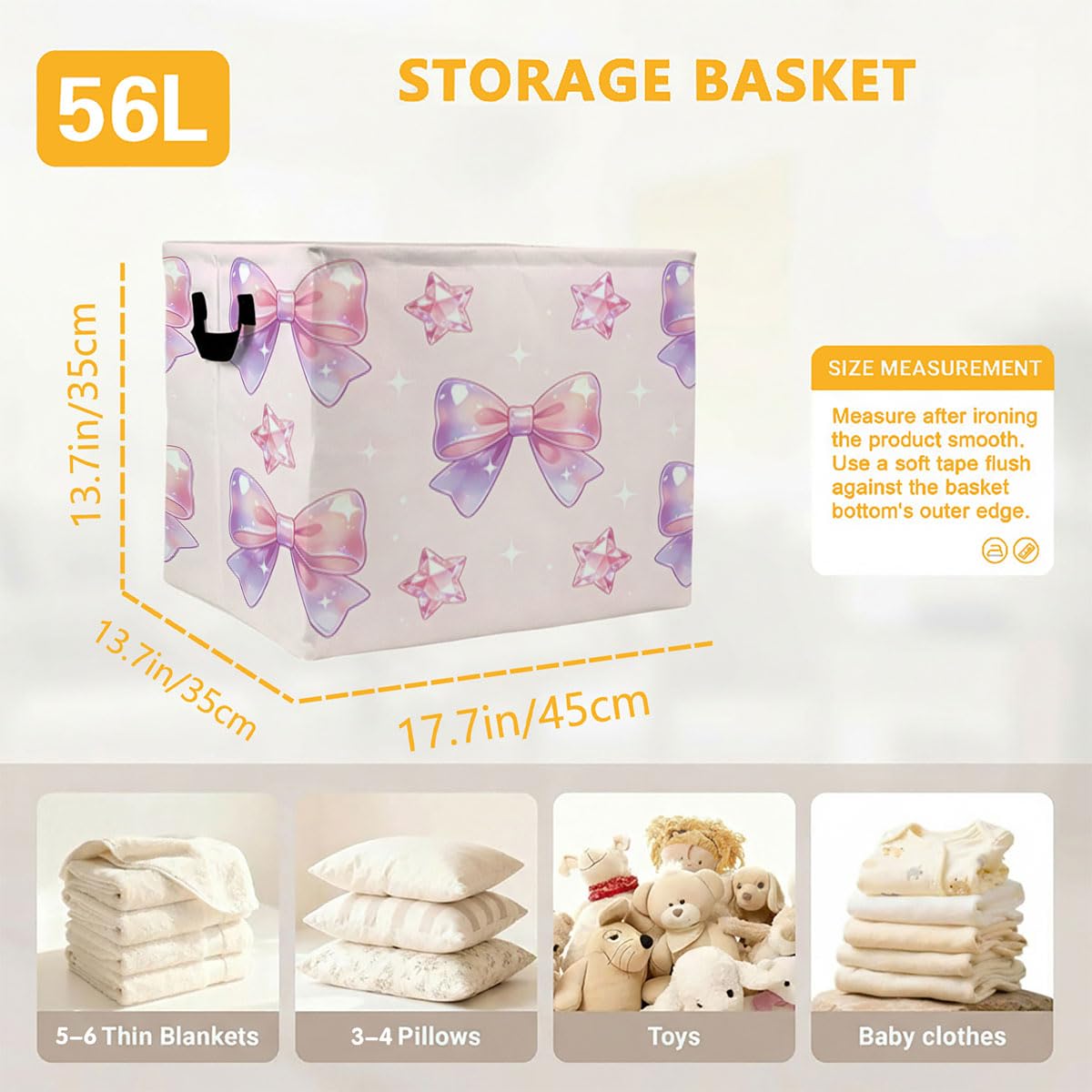 56L Beautiful Bow Foldable Square Laundry Hamper with Handles – Large Clothes, Blanket & Toy Storage Basket for Home Organization.