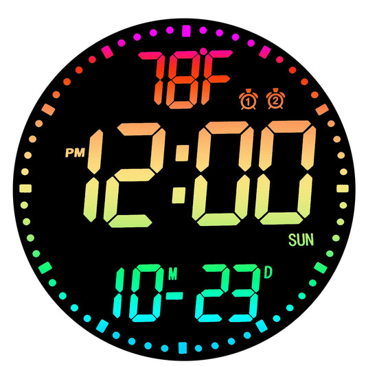 QINFIEY Large 12" RGB Color Changing Digital Wall Clock with Remote Control | LED Display Plug-in Clock with 3 Brightness Levels & Temperature Display | Perfect for Home, Gym, Classroom, Office