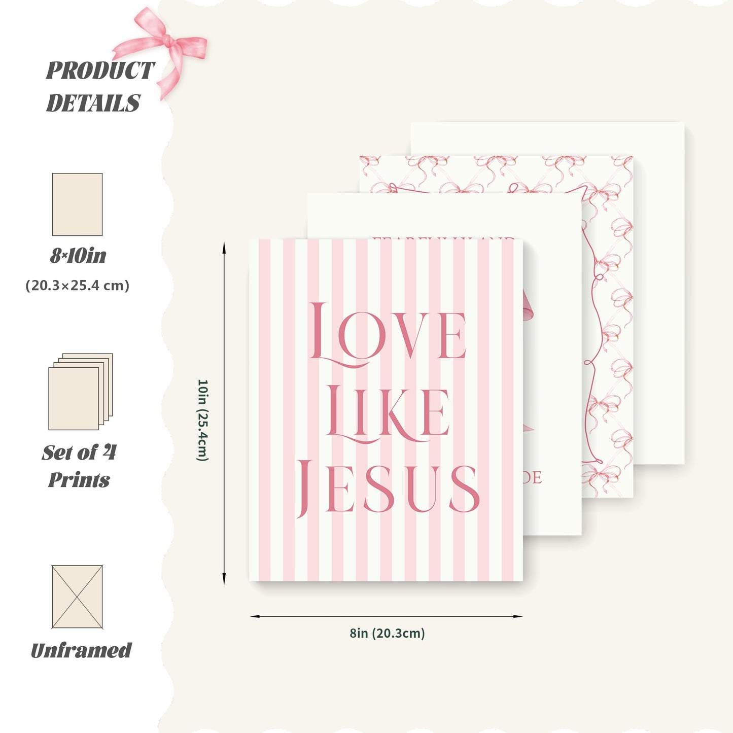 LARTSFRO Coquette Pink Bow Jesus Wall Art Decor Posters, Light Pink Bow Christian Room Bedroom Bathroom Dorm Wall Art Decor Aesthetic for College Teen Girls Gifts, Inspirational Bible Verses Bow Wall Decor, 10x8 Inch Set of 4 Bow Pictures (UNFRAMED)