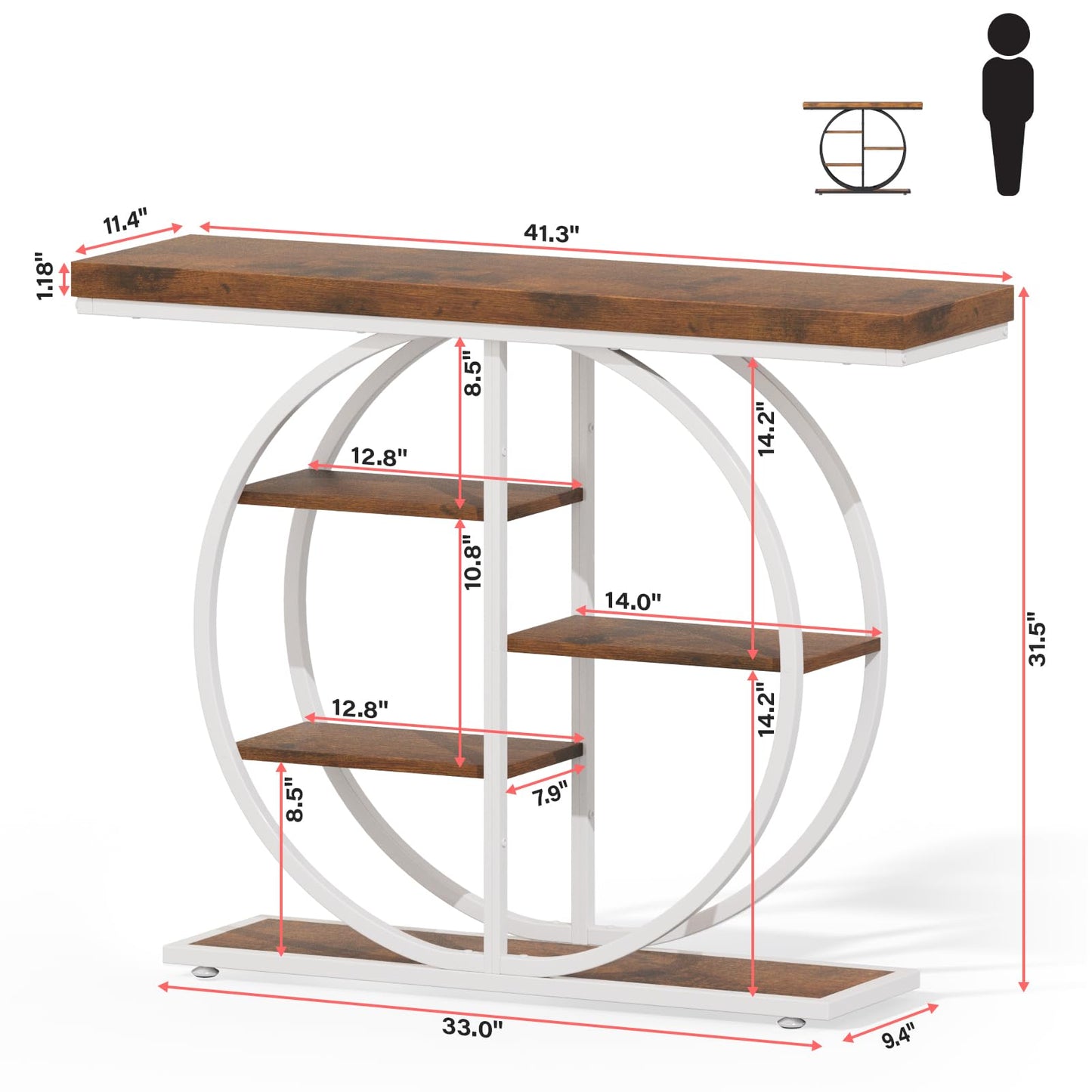 LIFECHOVY 41.3" Console Table for Entryway, Industrial Hallway Sofa Table with Storage Shelves, Narrow Accent Decor Living Room Furniture with Circle Base for Foyer, Entrance, Brown White