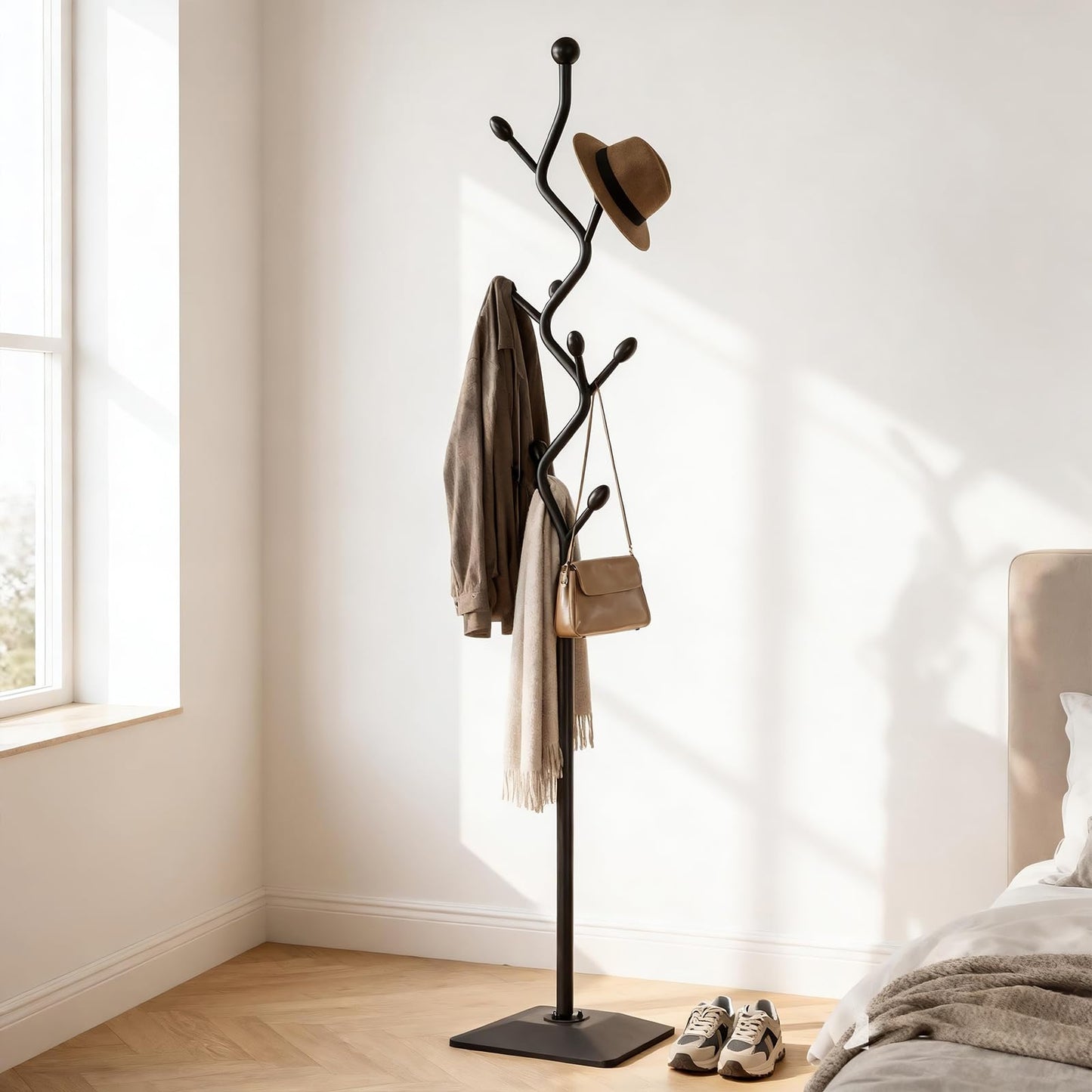 ZHBHYZ Tree-shaped coat rack stand,Metal coat tree with 8 Hooks and sturdy cast iron base,Heavy Duty coat rack freestanding coat hanger stand for Clothes Hats Scarfs Purses (black)