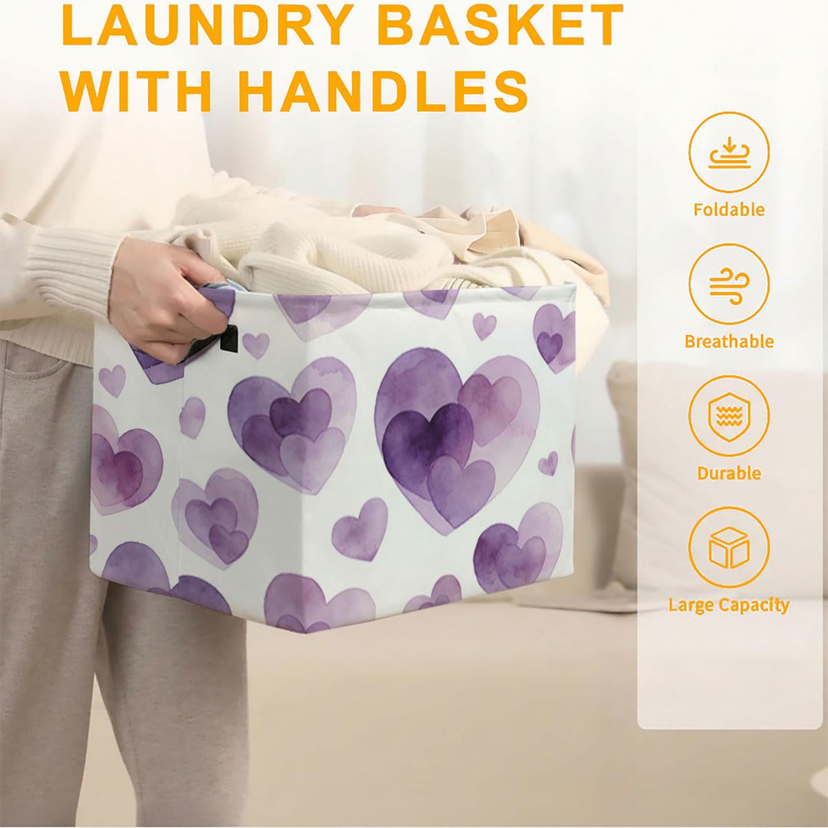 56L Purple Heart Foldable Square Laundry Hamper with Handles – Large Clothes, Blanket & Toy Storage Basket for Home Organization.