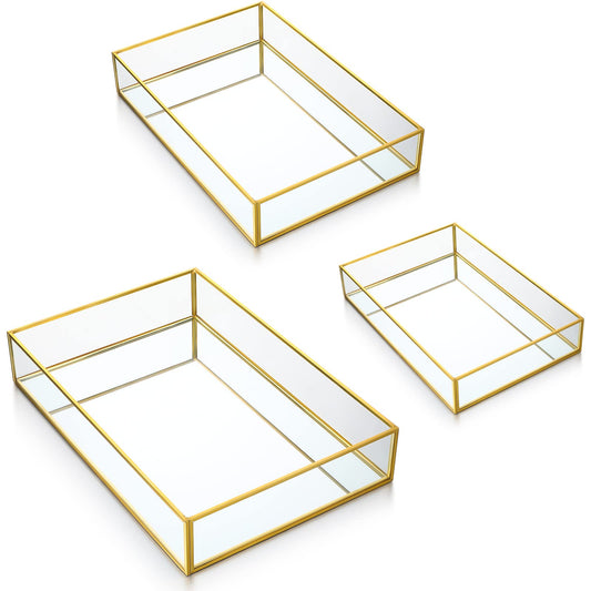 Jetec 3 Pieces Mirror Glass Vanity Tray Ornate Makeup Dresser Metal Vintage Perfume Trays for Bathroom Bedroom Jewelry Storage Home Decor, 3 Sizes