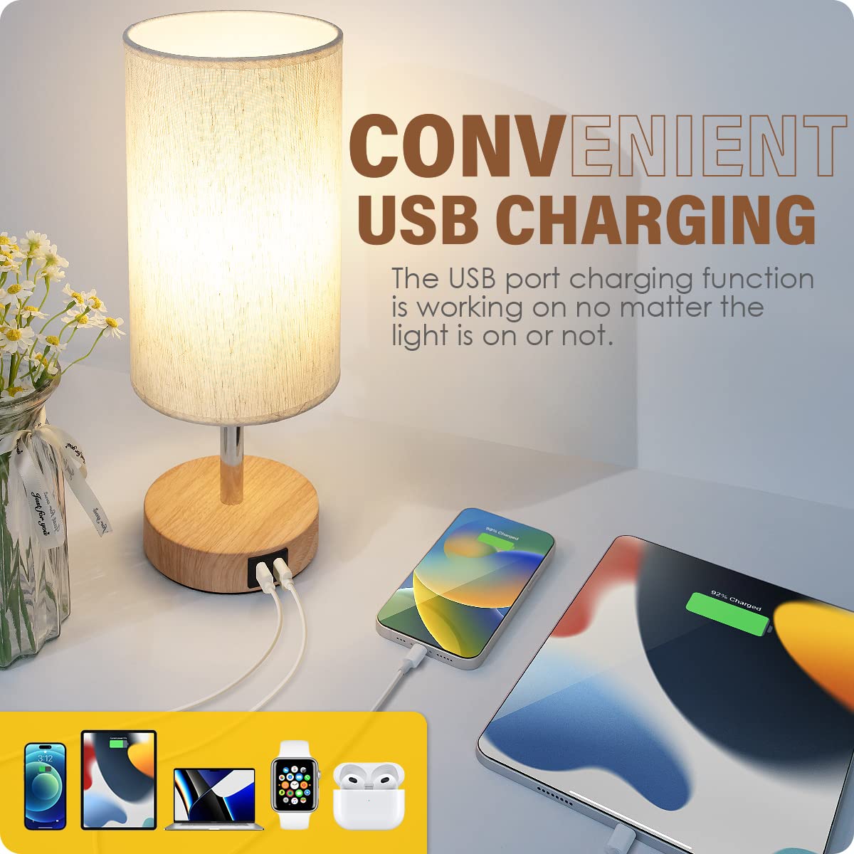 Yarra-Decor Bedside Lamps with USB Port - Touch Control Table Lamp for Bedroom Wood 3 Way Dimmable Nightstand Lamp Set of 2 with Round Flaxen Fabric Shade for Living Room, Dorm, Home Office (2 Pack)