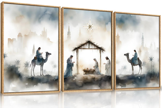 DRACIT Large Catholic Jesus Nativity Scene Framed Canvas Wall Art Set,Watercolor Holy Birth of Jesus Wall Decor,Trendy Christian Religious Artwork for Living Room,Bedroom,Church-16 x24 x3