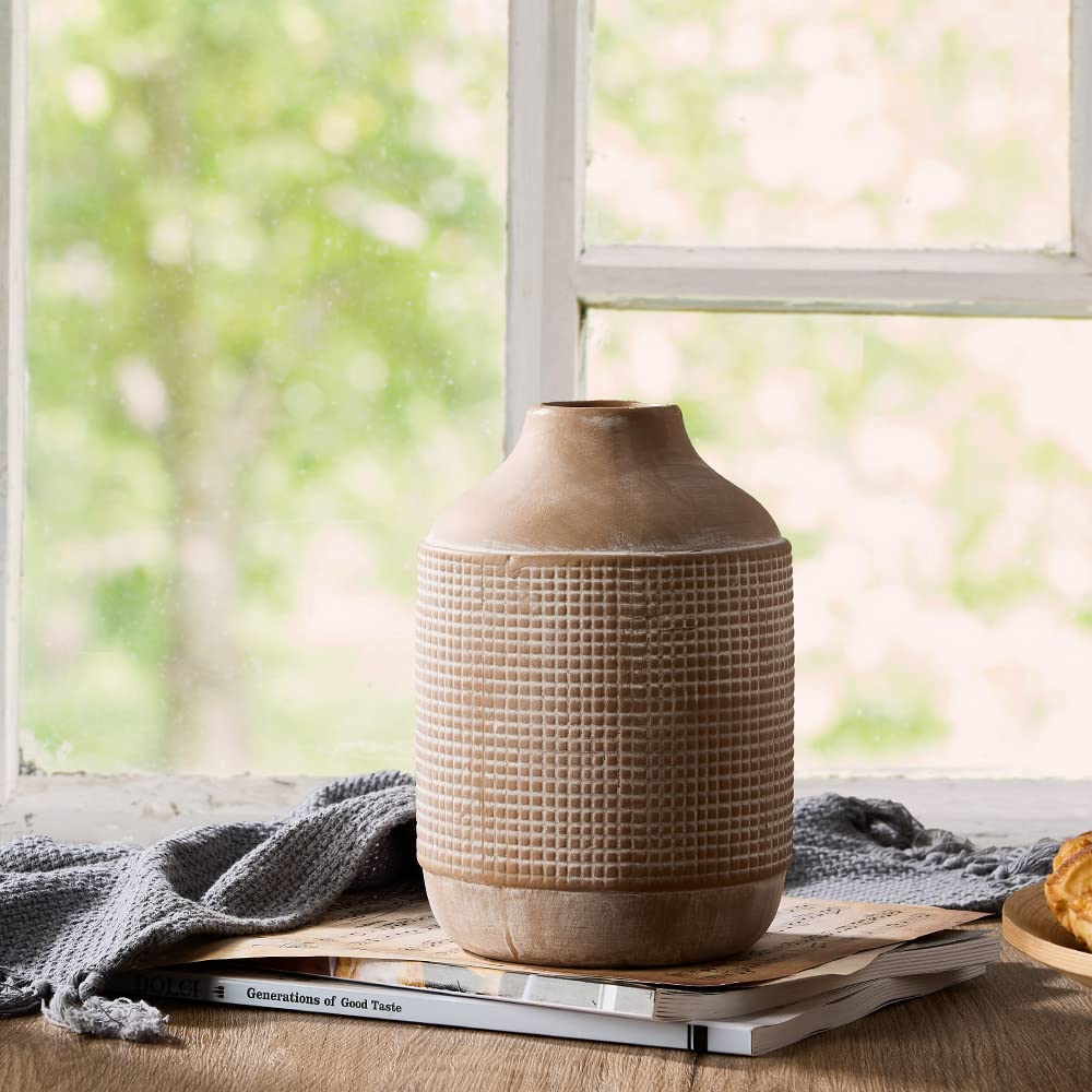 SIDUCAL Ceramic Rustic Farmhouse Vase, Sand Glaze Finish Boho Vase, Pottery Decorative Flower for Home Decor, Table, Living Room Decoration, Shelf Decor, Mantel, 7 Inch, Beige