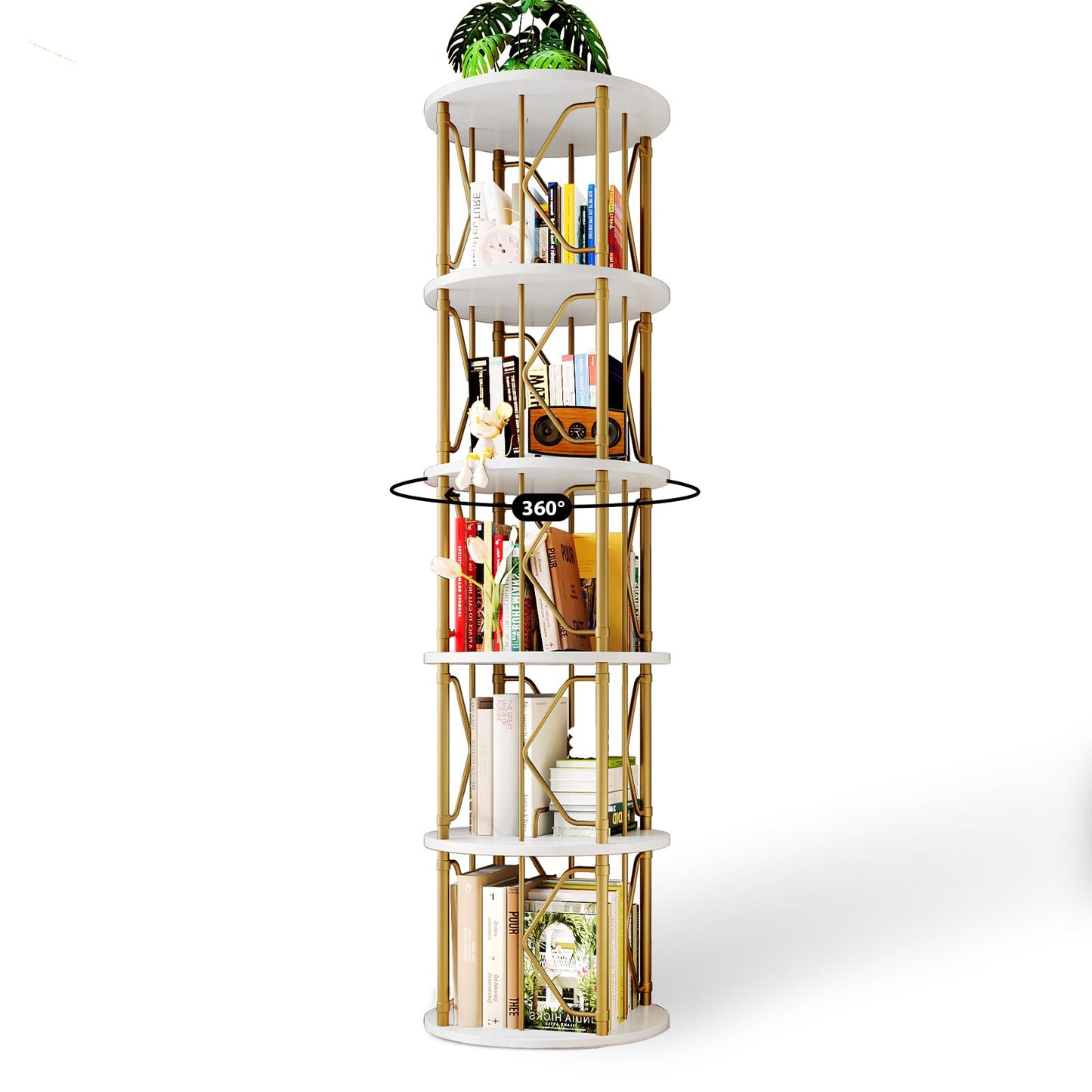 5 Tier Rotating Bookshelf Tower, Revolving Bookcase, 360° Round Spinning Book Shelf, Narrow Swivel Bookshelves Vertical Turning Corner Bookshelf Organizer for Bedroom, Living Room, Gold & White