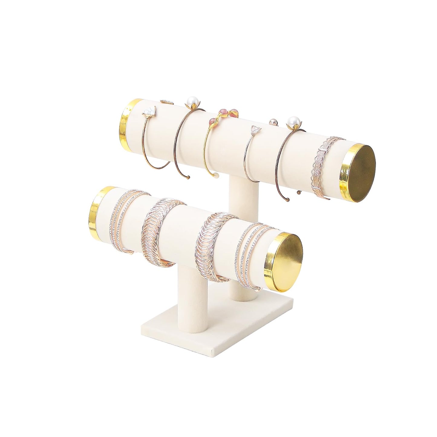 Justsoso 2 Tier Bracelet Holder Stand, Bangle Watches Display, Velvet Bracelet Jewelry Storage Organizer Rack, Hairband Scrunchie Show Tower Shop Selling or Home Use (Beige)
