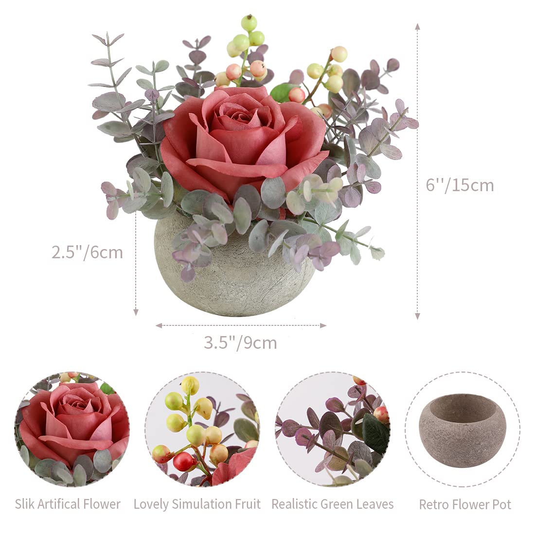 Rosscer Small Artificial Pink Rose Potted Plant, 6" Fake Silk Flowers in 3.5" Round Pot, Mini Faux Floral Arrangement for Desk Shelf Bathroom Decor