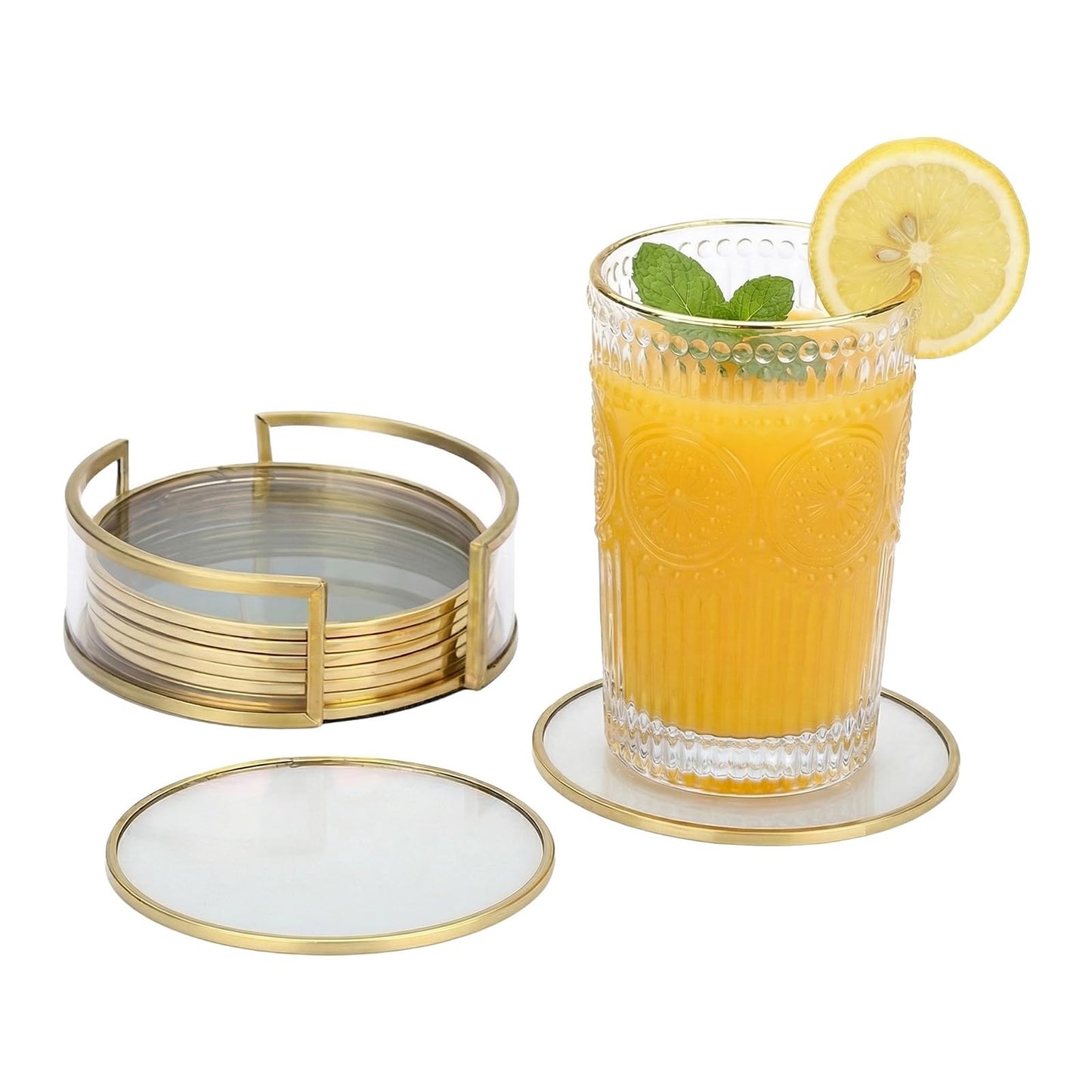 OGANAZI Glass Coaster Set of 8 Drink Coasters with Holder, Gold Brass-Coated Glass Coasters for Drinks, Round Cup Mats Coffee Table Décor for Kitchen, Living Room, Bar, Office, Patio, 4 Inches