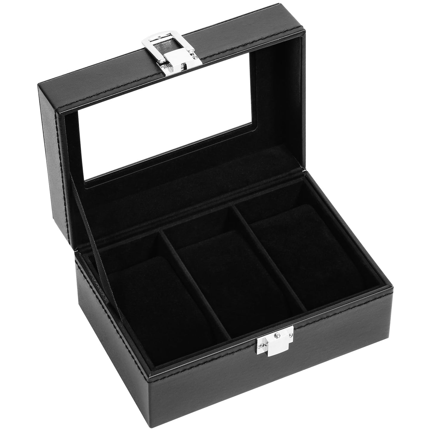 Uten 3-Slot Watch Box, PU Leather Watch Case with Glass Lid, Watch Holder Organizer with Soft Pillow and Velvet Lining, Watch and Jewelry Storage Box, Black