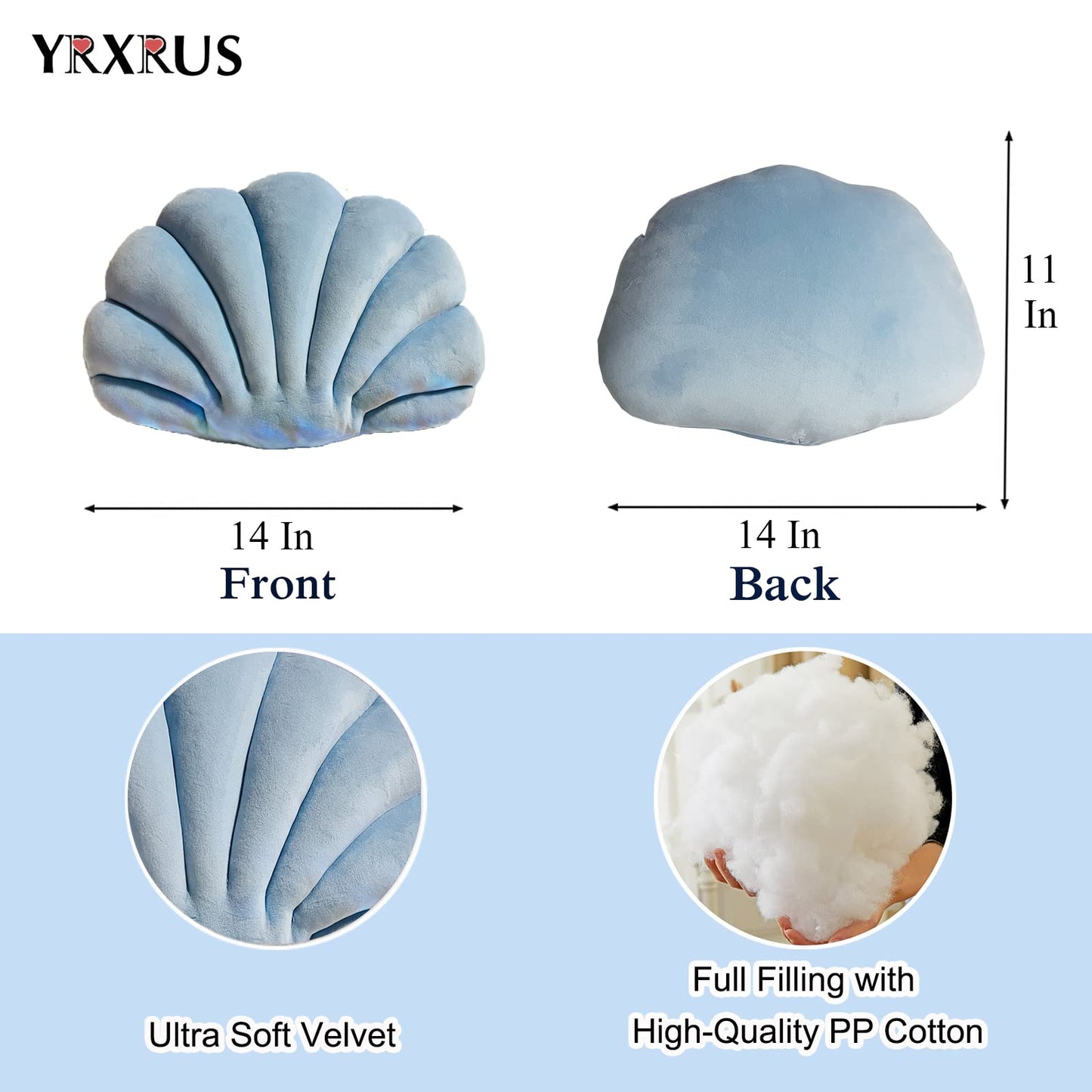 YRXRUS Shell Pillow, Light Blue Seashell Pillows, Patio Shell Shaped Pillow Gifts, Accent Ocean Series, Ultra Soft Velvet Cushion for Bed Living Kids Room 3D Insert Pillows14X11 Inch