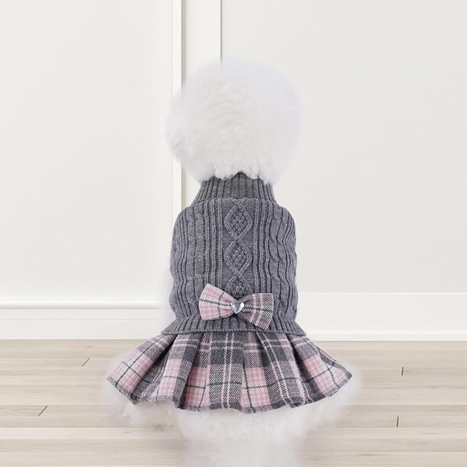 YUDODO Small Dog Sweater Dress with Bowtie Turtleneck - Knitted Pet Girl Dog Winter Clothes - Pet Warm Sweater for Puppy Yorkies, Chihuahua (S Grey)