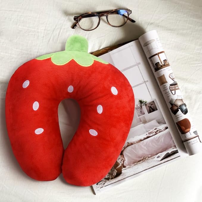 EKDJKK Travel Pillow for Kids, Cute Animal Neck Pillow Support U Shaped Cushion Plush Soft Rest Reading Pillow Sleeping Pillow for Airplane Train Car (Strawberry)
