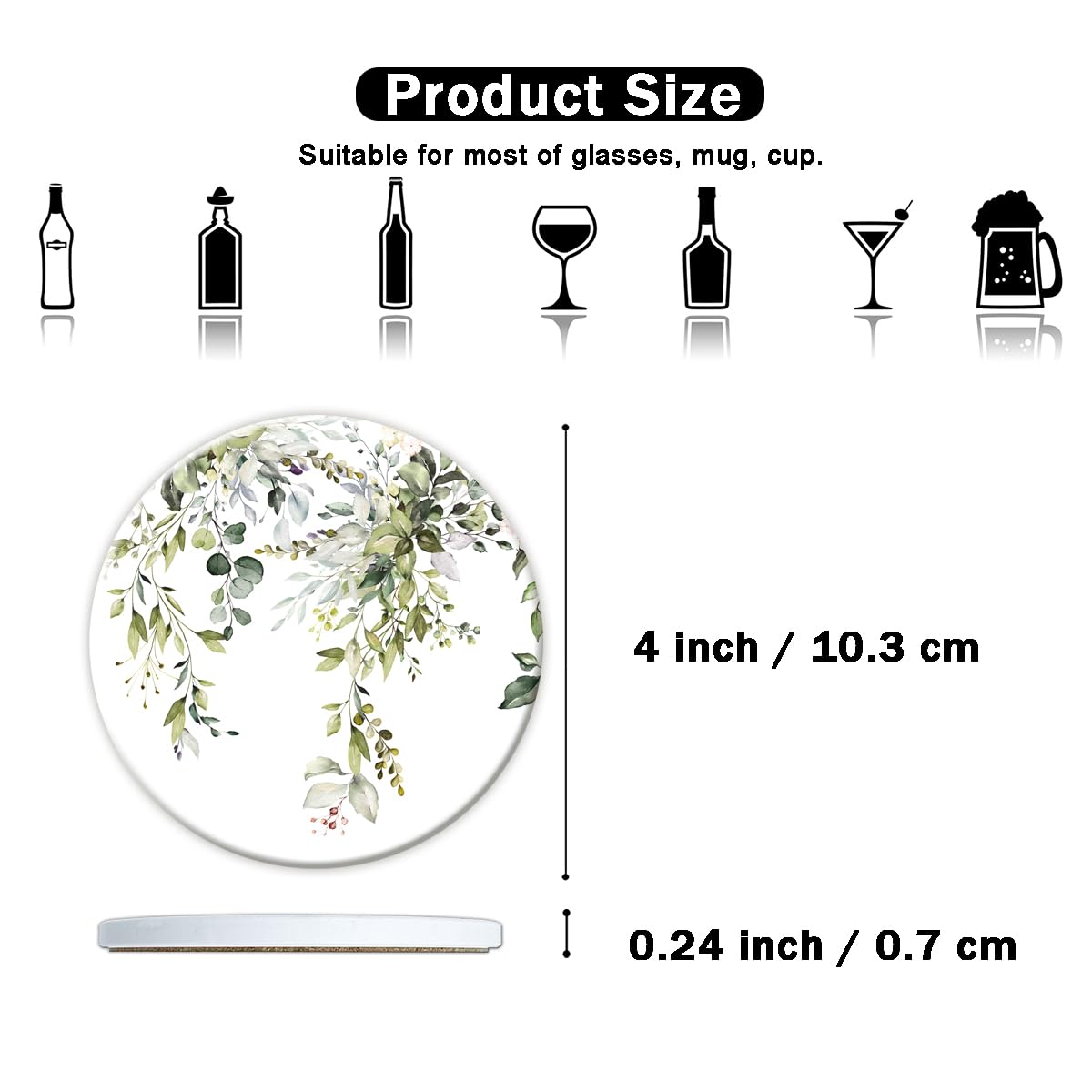 HOPONY Coasters for Drinks,6 Pieces Ceramic Stone Coaster Set with Metal Holder Stand, Cork Base,Absorbent Cups Place Mats for Home Decor Abstract Plants