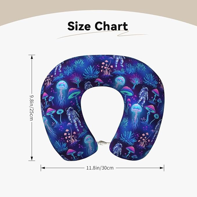 Travel Neck Pillow for Pain Relief Sleeping, Underwater Jellyfish Astronauts Mushroom Art, Comfortable Memory Foam Chin Head Cushion Support with Zip Cover, Fashion Car Flight Pillows