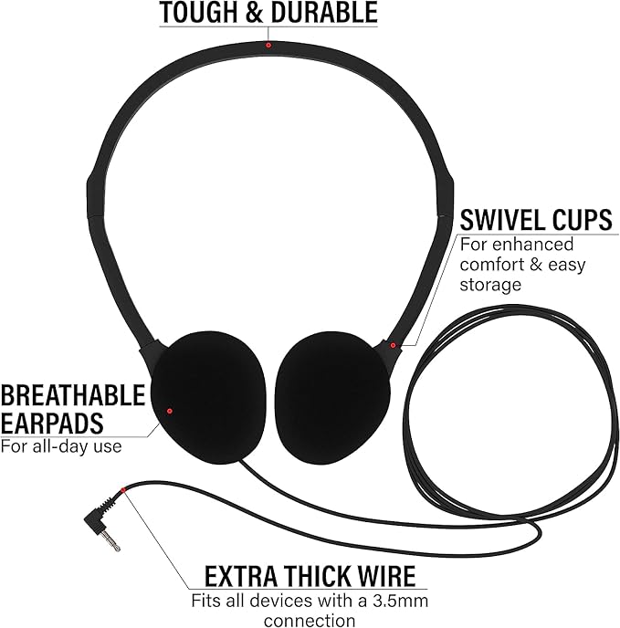 Maeline Bulk Classroom Student Headphones On Ear Stereo Headphones Flexible Adjustable Band for Kids Online Learning, Library, School, Airplane, Travel - 3.5mm Plug - 500 Pack - Multi