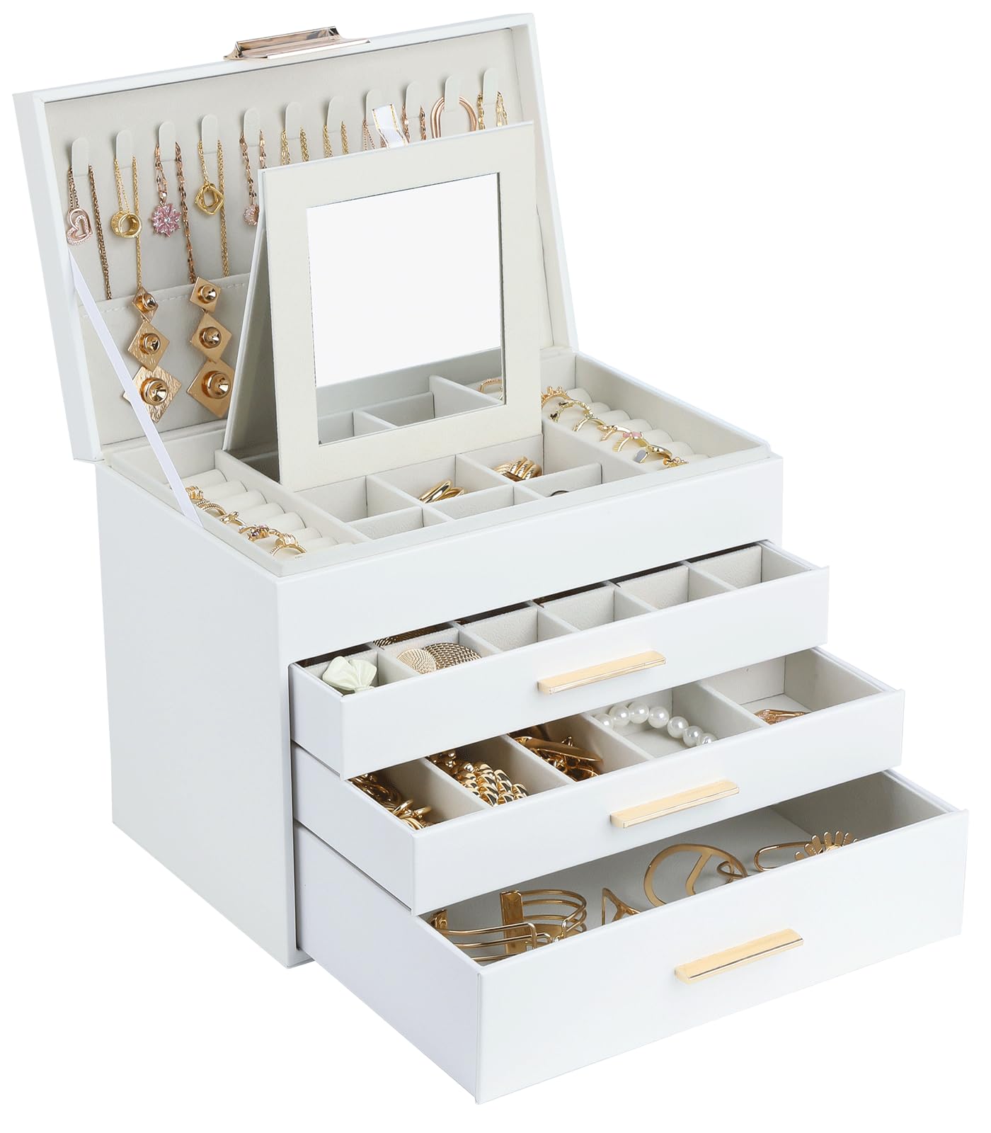 BOOVO Jewelry Boxes for Women, 5 Layer Jewelry Organizer with Necklace Hanger and Drawers, Large Jewelry Box for Earrings, Necklace and Bracelet Storage Gifts for Women and Girls (White, 5 Layer)