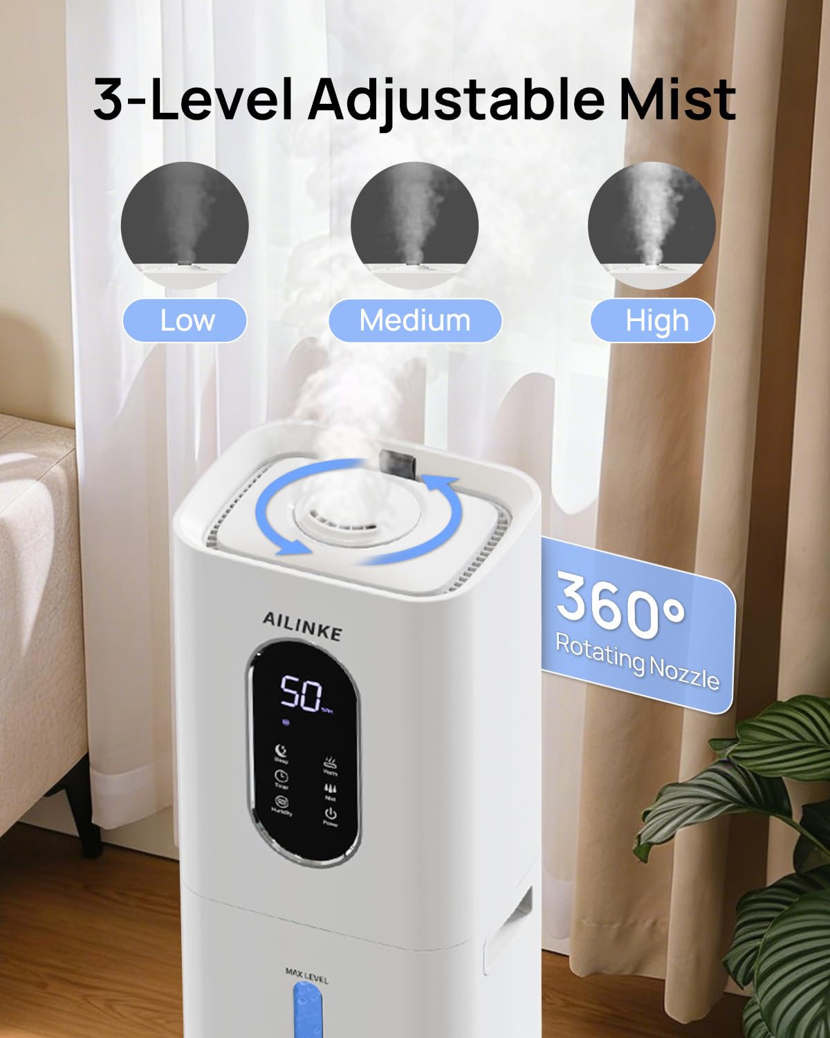 AILINKE Humidifiers for Bedroom 500 sq ft, 2.1Gal/8L Warm & Cool Mist Humidifier Large Room with Essential Oil Diffuser, Large Room Humidifiers for Home Baby Nursery Office Plants, White
