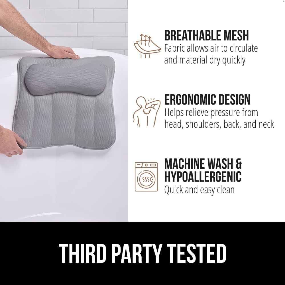GORILLA GRIP Bath Pillow for Tub, 6 Strong Suction Cups, 4D Mesh FlexComfort Headrest for Neck, Head and Back Support, Luxury Machine Washable Pillows, Bathtub Accessories, Spa Gifts for Mom, Gray