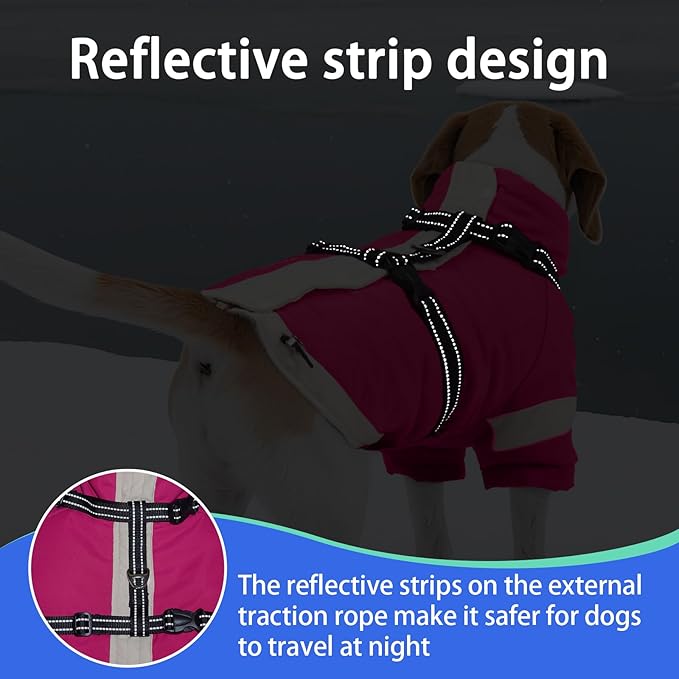 MIGOHI Waterproof Dog Coat with Harness Adjustable Dog Jacket Pet Winter Coat with Zipper,Christmas Small Fleece Jacket for Small Dogs,Extra Long Sleeves Warm Winter Snowsuit for Dogs,M,Rosered