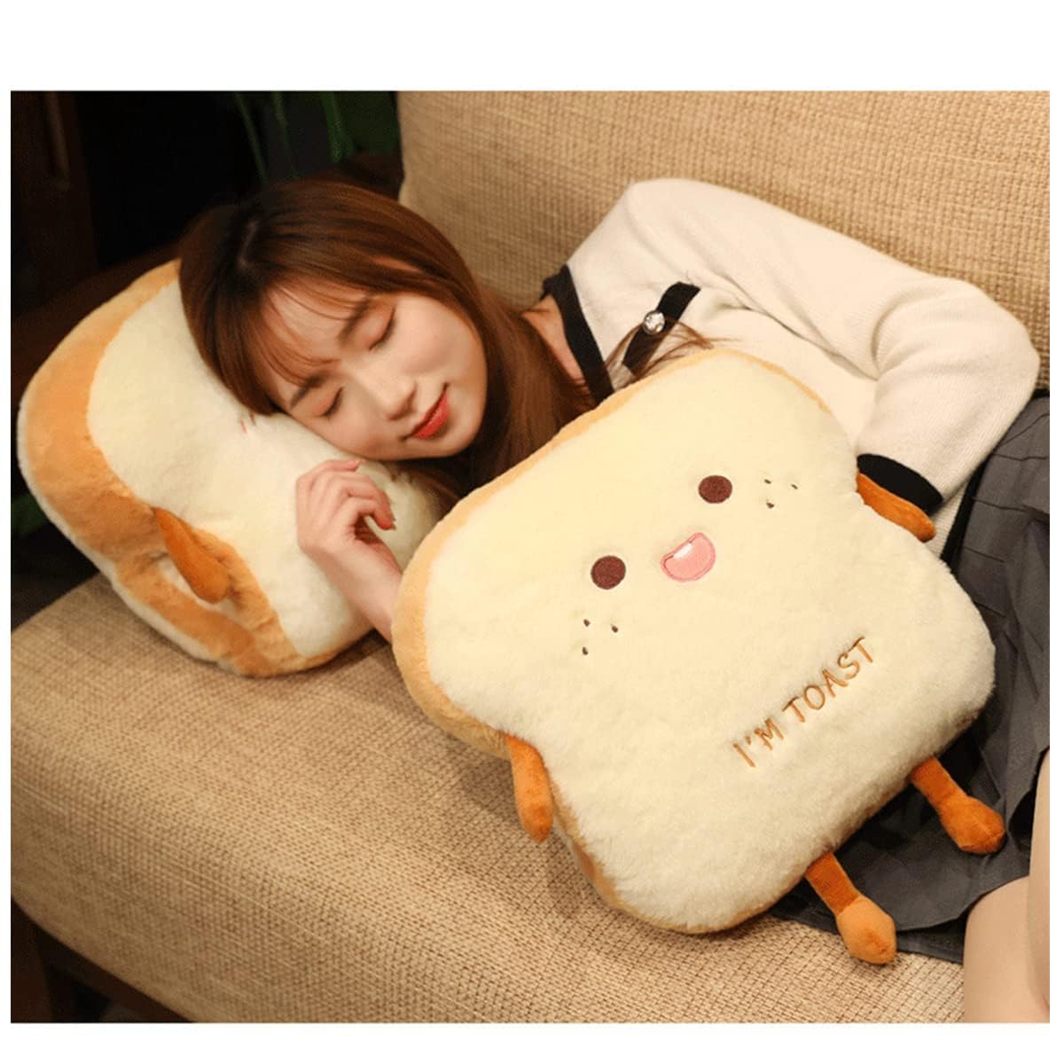Goylmc Toast Bread Plush Pillow, Bread Stuffed Pillow,Food Plush Pillow with Hand Pocket Great Gift Choice for Kids Adults (15.7 * 13.7 in,Happy)