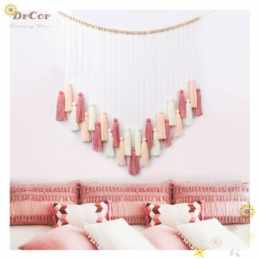 DrCor Blush Pink Macrame Wall Hanging – Boho Tassel Wall Decor for Nursery, Girls Bedroom, Dorm Room, Baby Shower, Classroom Reading Corner, Wedding Backdrop & Cozy Home Decor