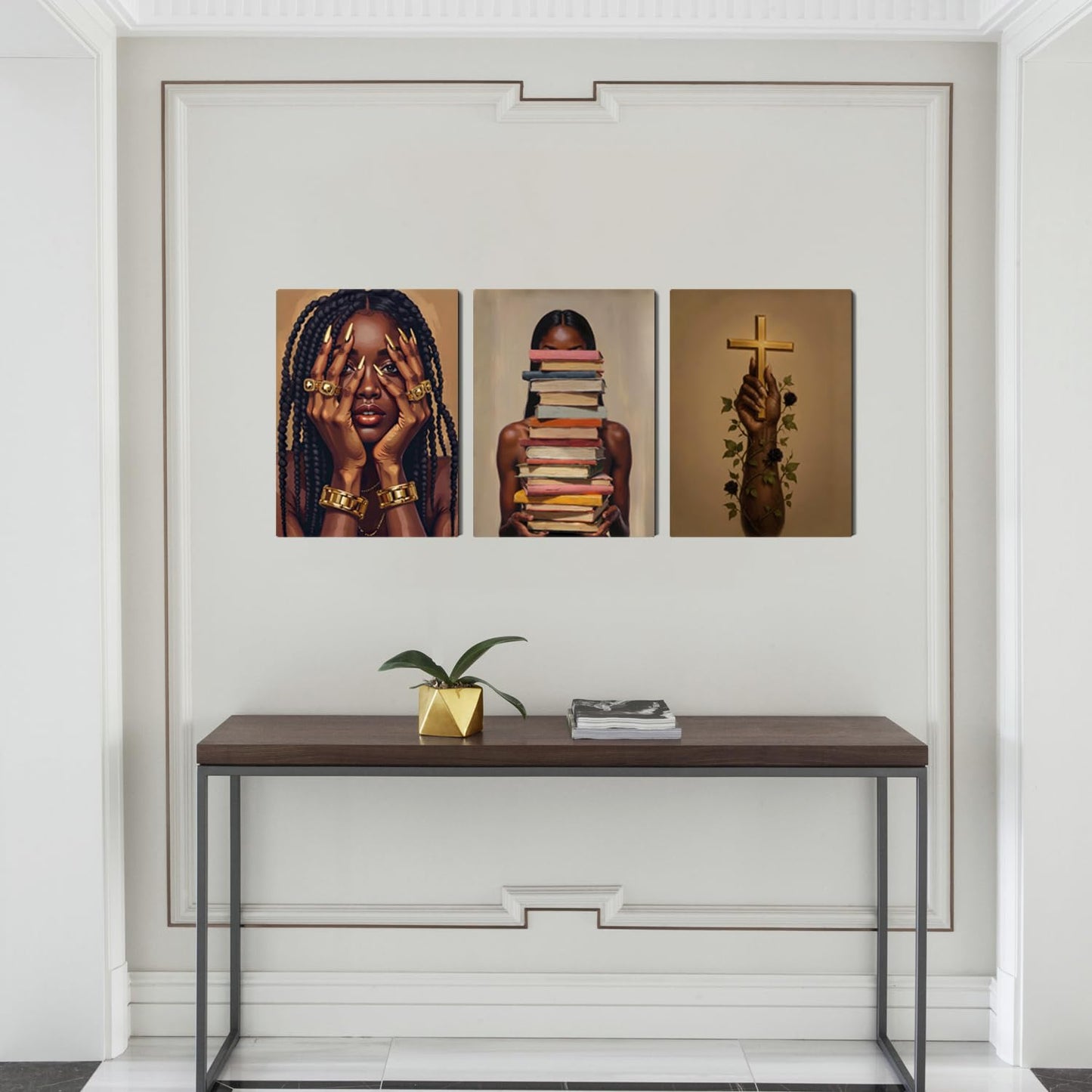 Black Woman Wall Art Canvas Print Set of 3 Framed Poster Picture Modern Artwork Wall Decor African American Artwork Canvas Wall Art 12x16 Inch for Living Room Bedroom Ofﬁce