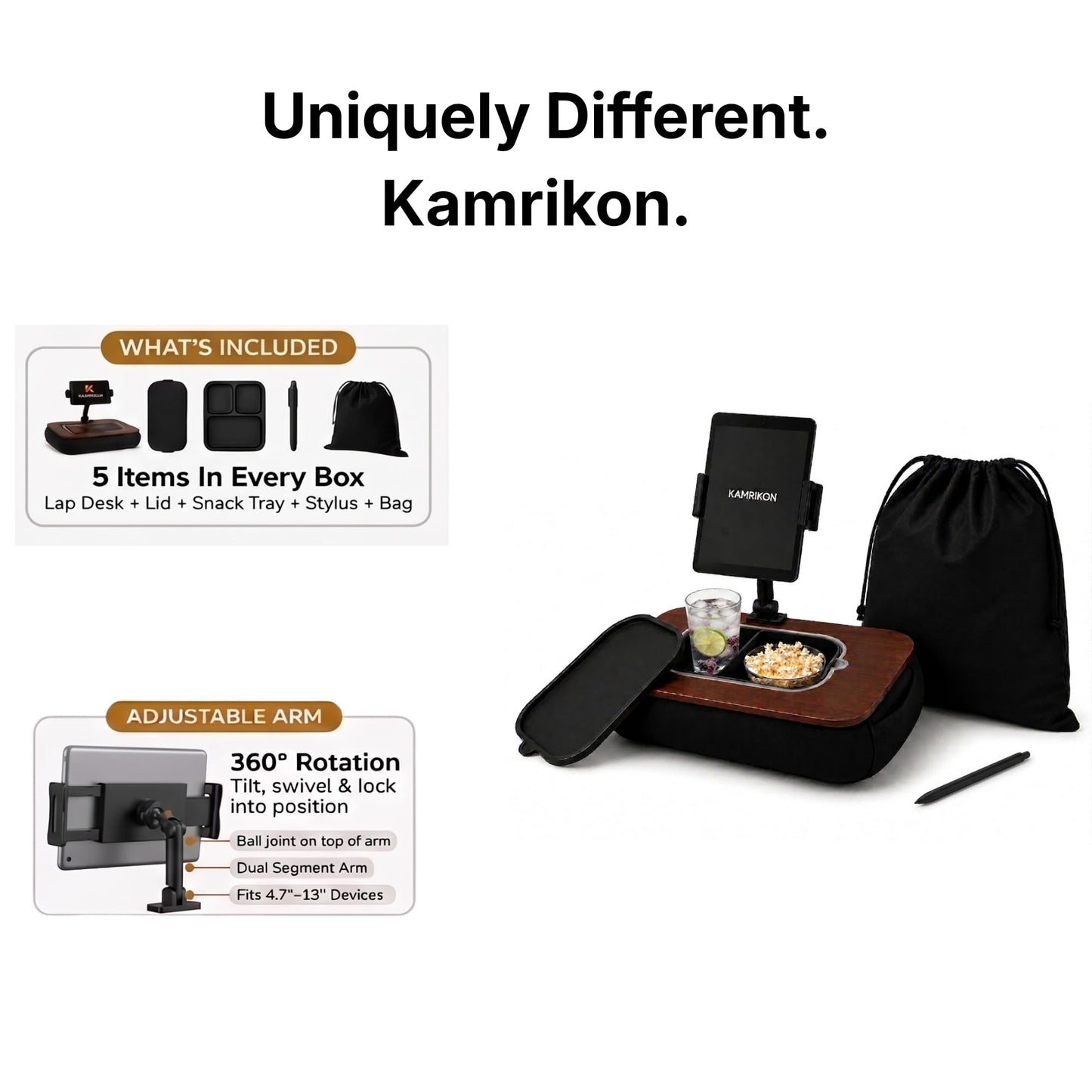 KAMRIKON Pillow Lap Desks for Adults, Adjustable Tablet Holder Fits 4.7-13 Inch Devices, Silicone Snack Tray, Spill-Resistant Lid, Stylus and Bag Included