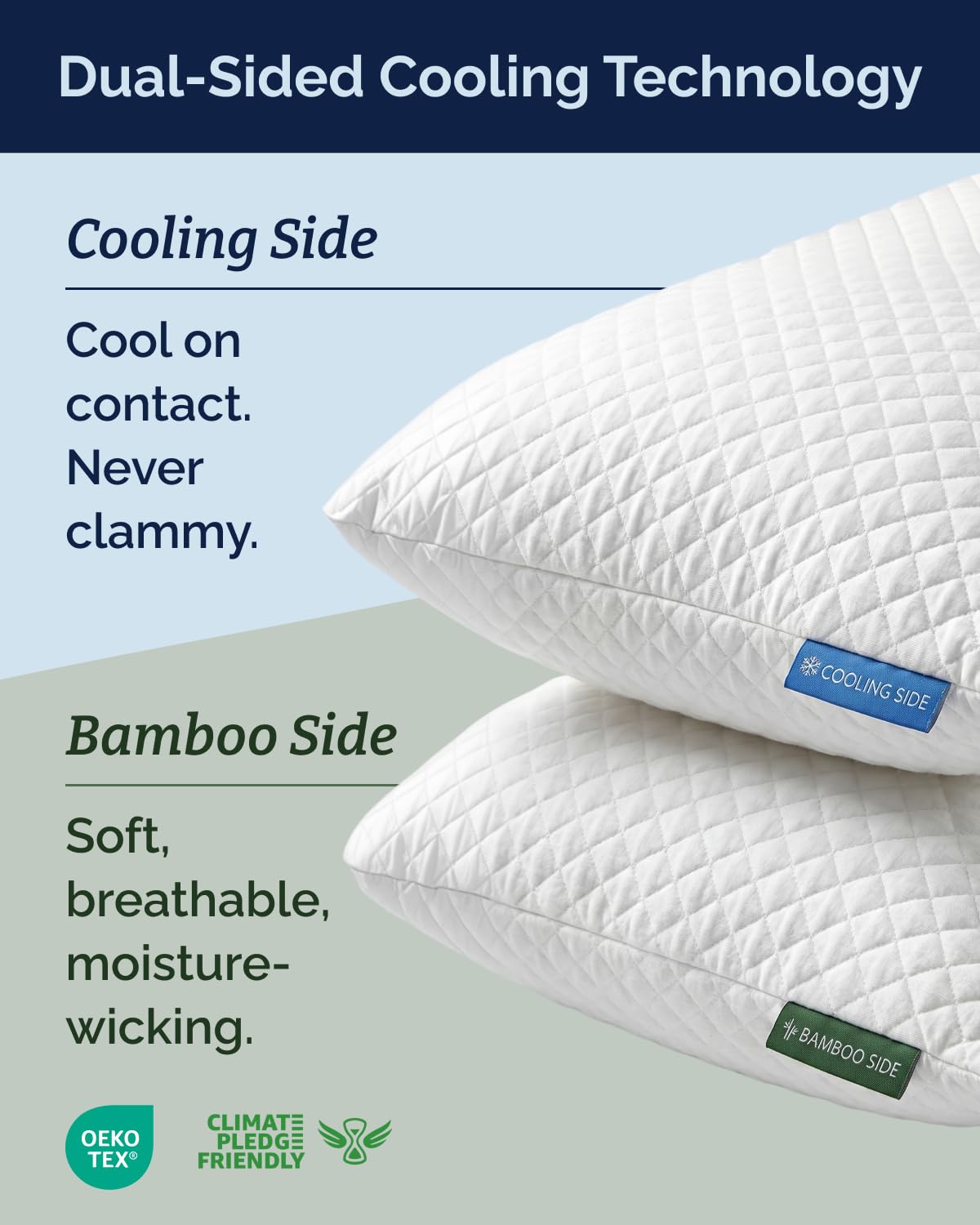 Cooling Pillow Queen Size - 100% Rayon Derived From Bamboo - Double-Sided Cooling Bed Pillow for Hot Sleepers - Adjustable Shredded Memory Foam - Soft or Firm Support for Side, Back & Stomach Sleepers