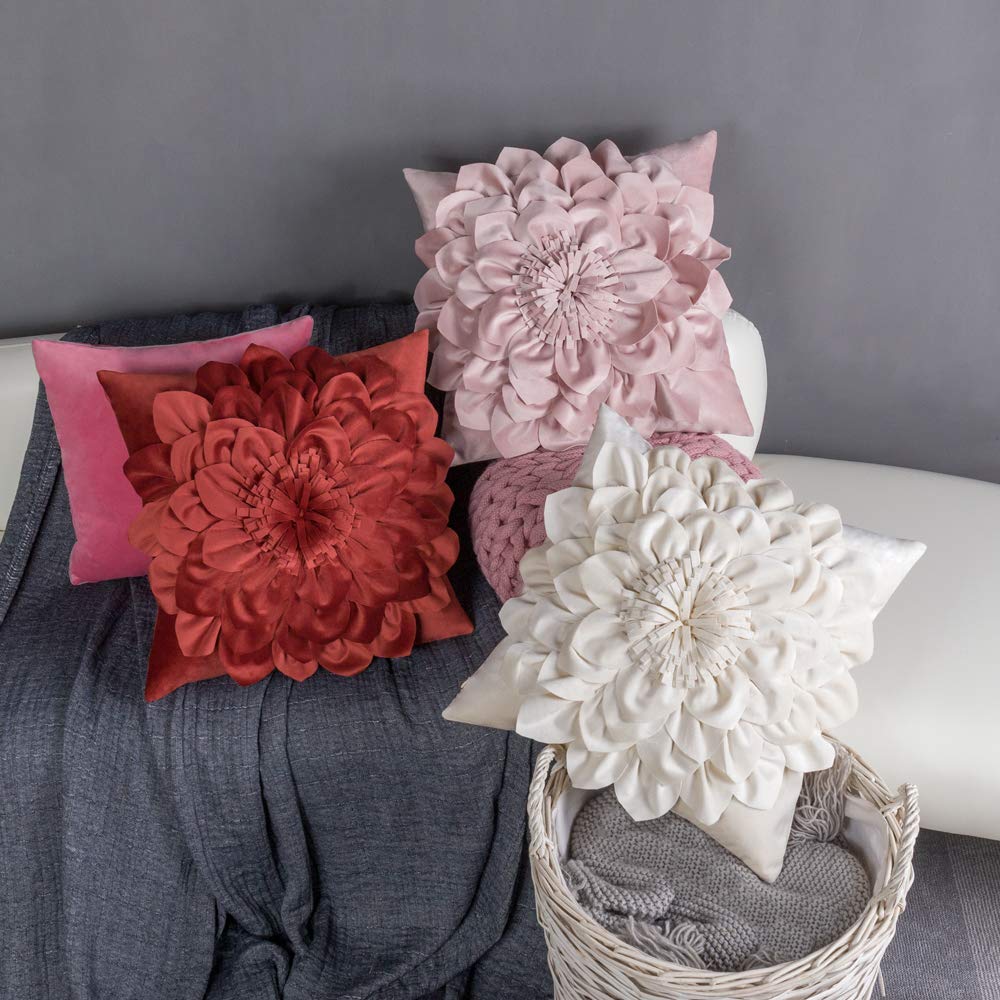 OiseauVoler 3D Flower Decorative Throw Pillow Covers Floral Pillow Shams Soft Velvet Pillowcases Home Sofa Car Bed Room Decor 18 x 18 Inches Cream White