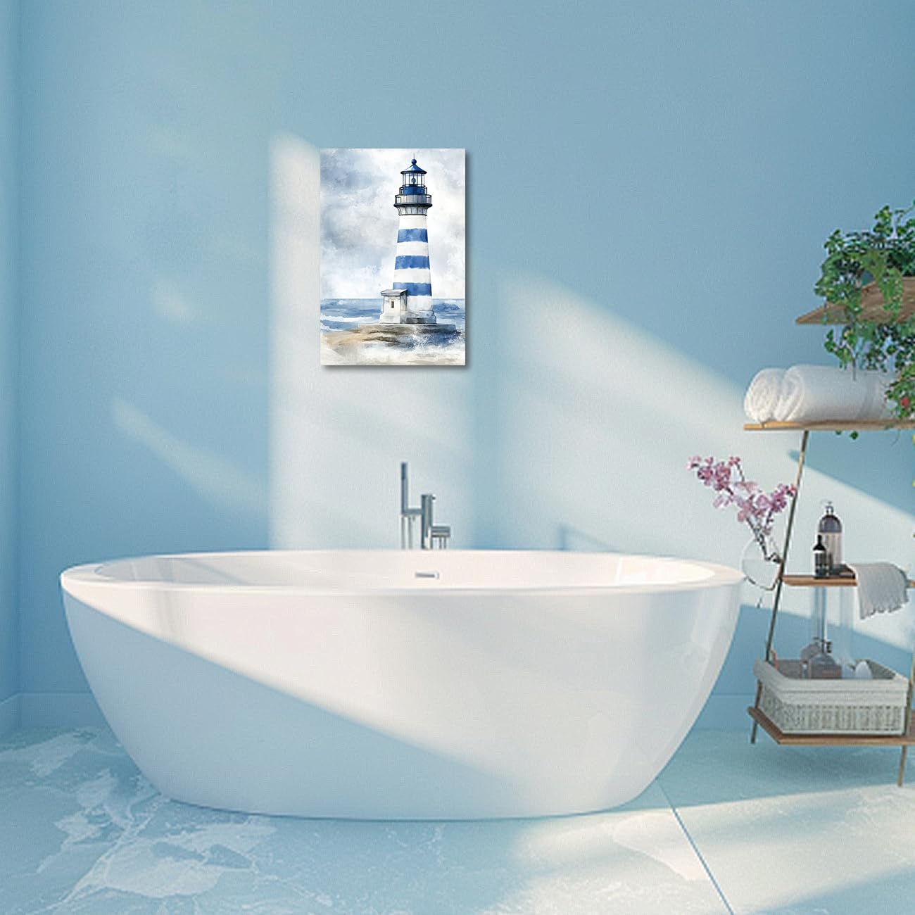 AWPANERAR Lighthouse Pictures Wall Art Nautical Bathroom Canvas Print Lighthouse and Cabin Painting Coastal Seascape Artwork Beach Poster Home Decor Framed (Blue, (18L x 12W))