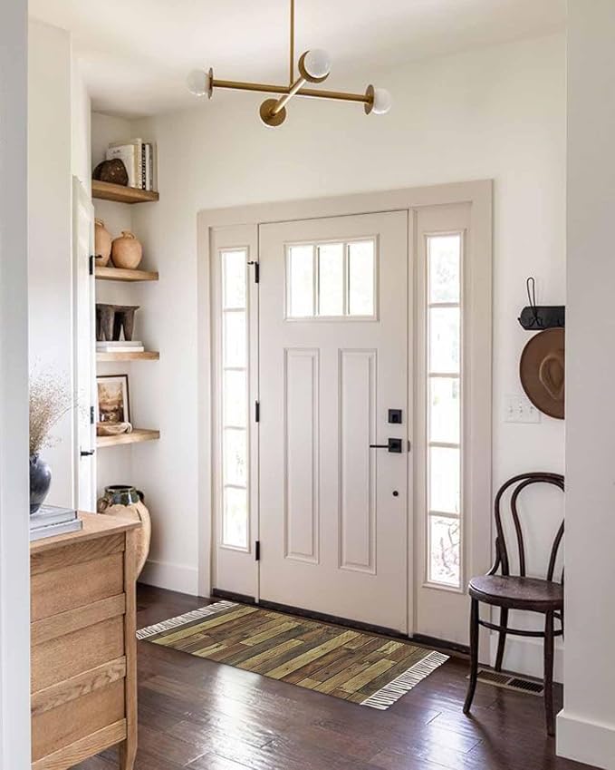 Brown Kitchen Hallway Runner Rug 2X5 Ft Carpet, Washable Woven Vintage Country Wooden Grain Throw Carpet with Tassel, Non-Shedding Farmhouse Cabin Retro Plank Stitching Art Entryway Laundry Rugs