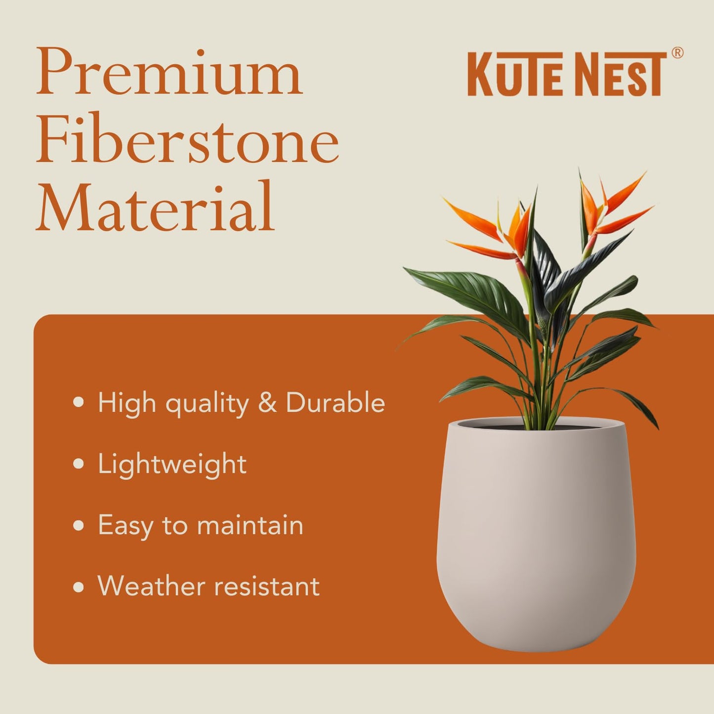 KUTE NEST 12.5" H x 11.4" D Premium Corso Fiberstone Round Planter for Outdoor & Indoor Plants, Ideal for Snake Plants, Monstera & House Plants, Included 2 Extra Coco Mats (Taupe, 9" Pot Opening)