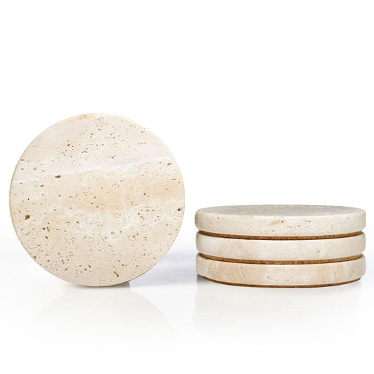 HAMAKAWA Turkish Natural Marble Coasters Set of 4, Round Travertine Coasters 4 inch, Beige Stone Drink Coaster for Home Decor, Coffee Table, Office