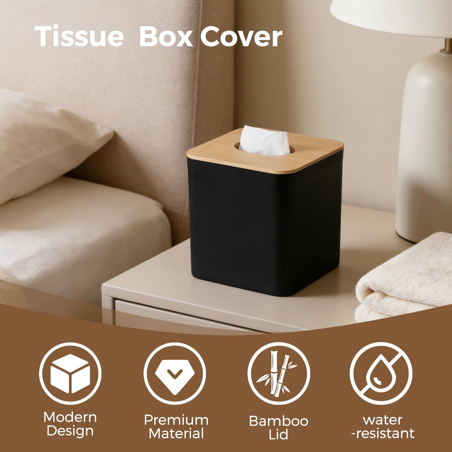 4 Pack Black Tissue Box Cover Square with Bamboo Cover Plate, Cube Modern Decorative Facial Tissue Cover Tissue Holders for Bathroom Bedroom Living Room Office