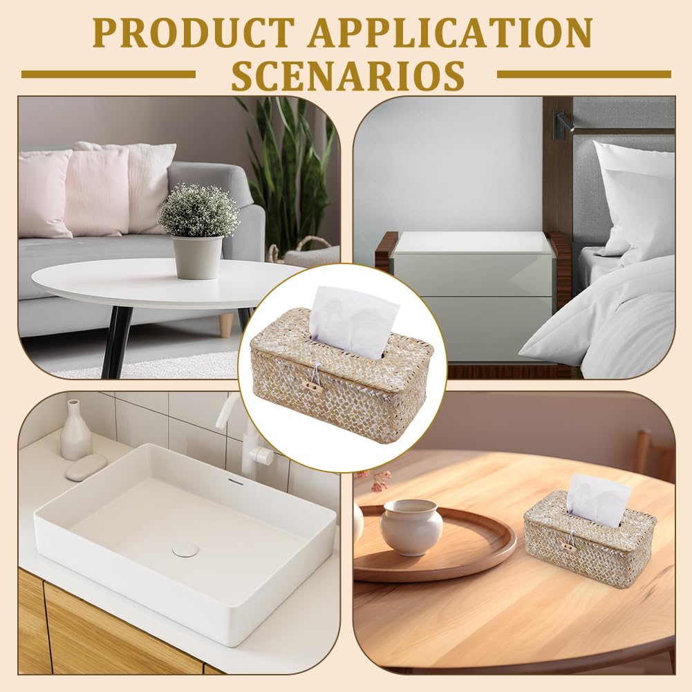INFUNLY 2 Pcs Rattan Tissue Box Cover Rectangle Wicker Tissue Box Holder 9x5x4 Inch Boho Napkin Box Cover Natural Seagrass Storage Basket for Toilet Tank Bathroom Living Room Office Desk