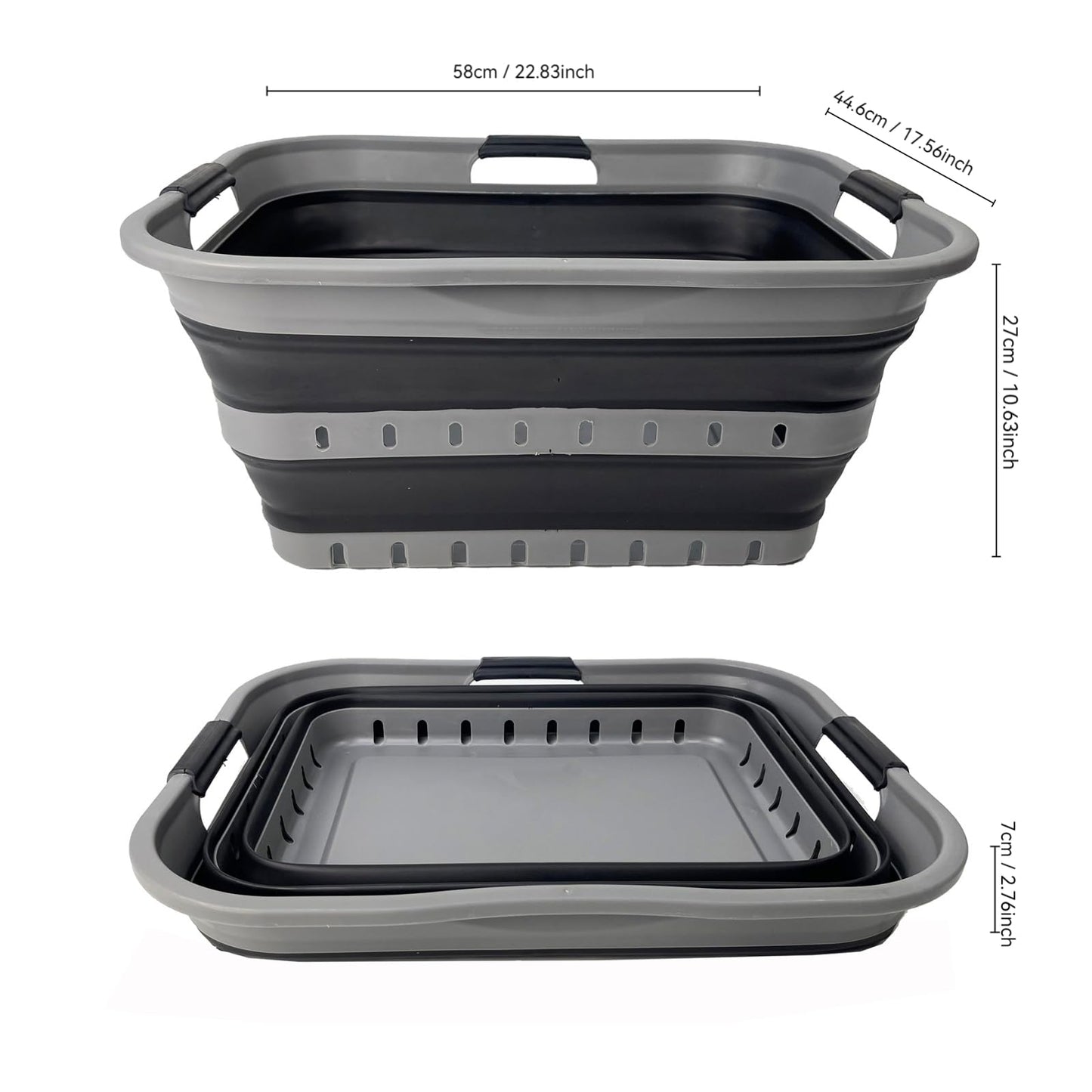 SAMMART 42 (11 Gallons) Collapsible Plastic Laundry Basket, Foldable Pop Up Storage Container/Organizer, Space Saving Hamper, Portable Bin for Dorm Room Bathroom (2, Grey/Black)
