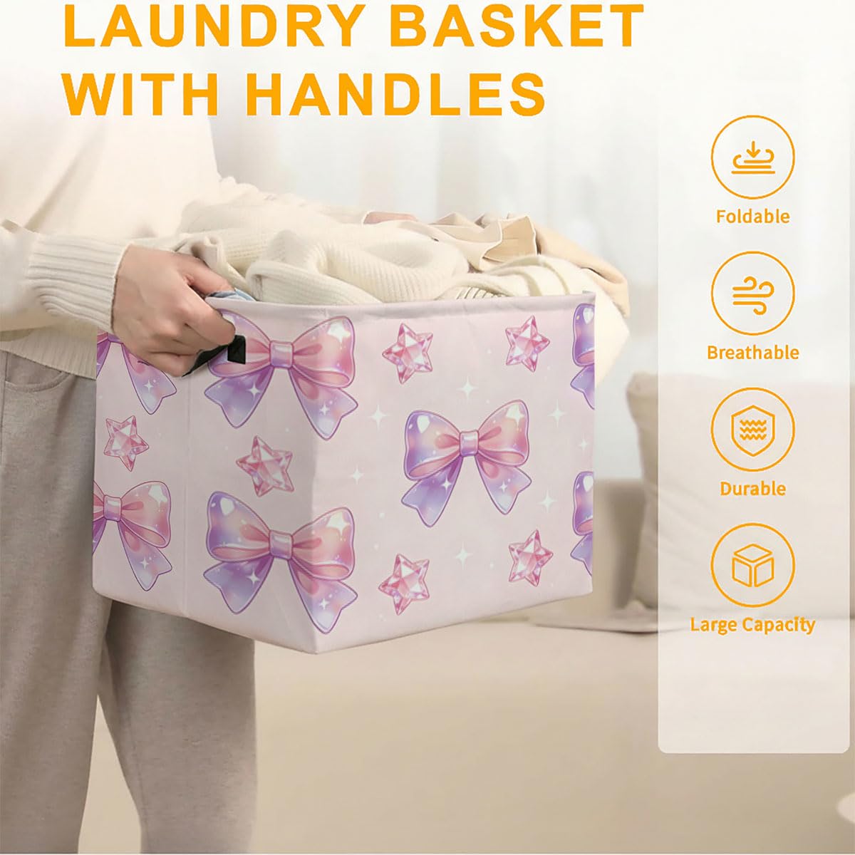 56L Beautiful Bow Foldable Square Laundry Hamper with Handles – Large Clothes, Blanket & Toy Storage Basket for Home Organization.