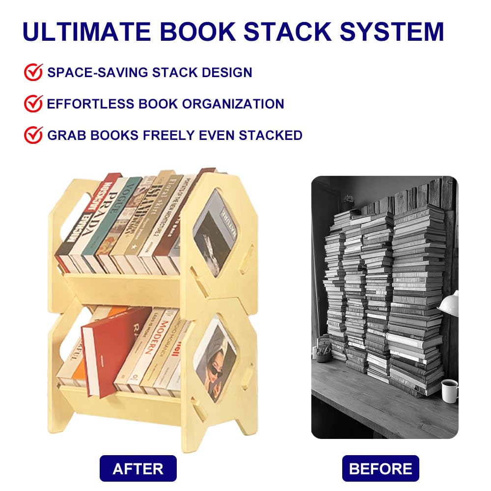 2 pack Desktop Bookshelf, Stackable Book Organizer with Handle, storage rack for CD/Magazine/File Folder, Portable Small bookshelf for Study, Living room, Kid's room, No Nails, Medium Size