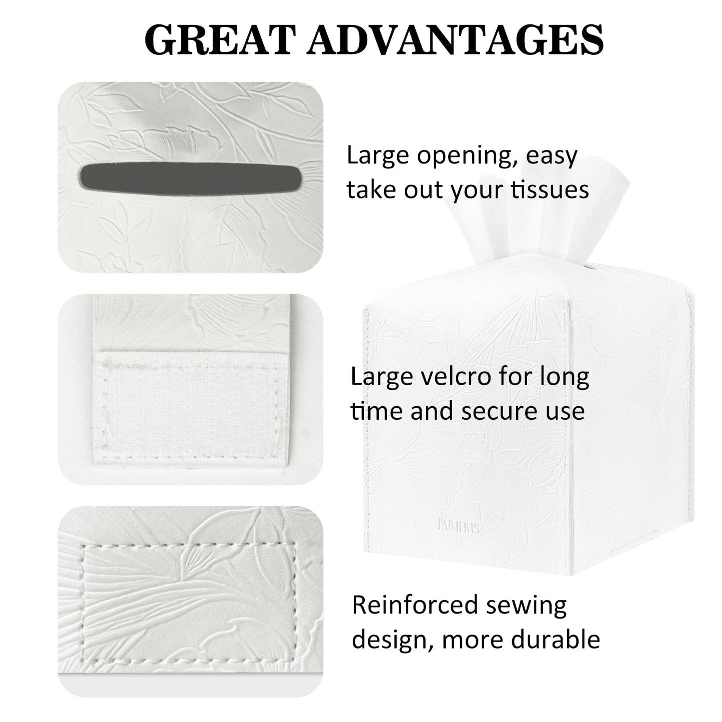 Tissue Box Holder Cover Square Tissue Cube Cover PU Leather Tissue Organizer with Bottom Belt for Bathroom, Tabletop, Kitchen, Night Stands, Office, Home, Car (2, White)