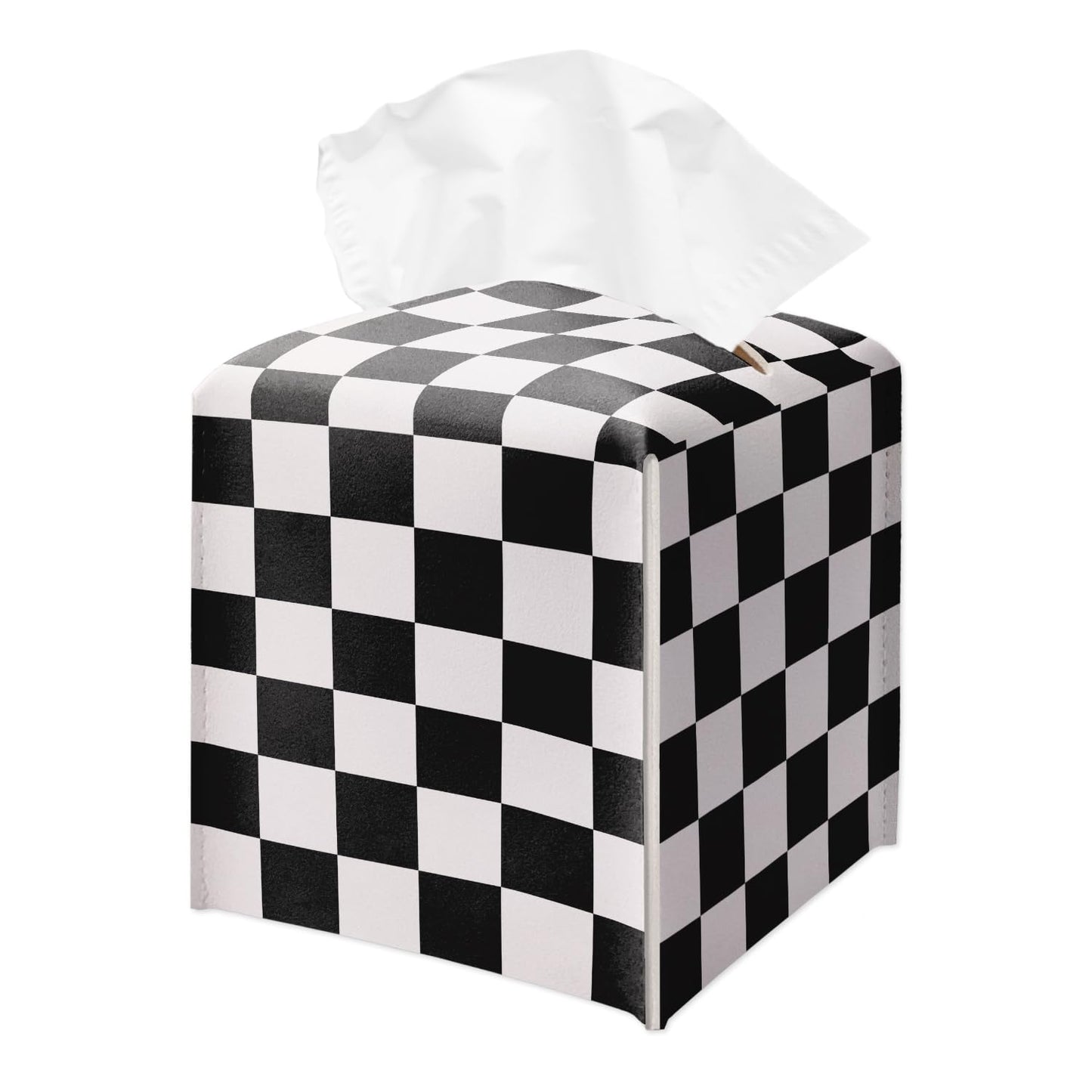 Black and White Checkerboard Tissue Box Holder, Modern Leather Tissue Box Cover Square, Waterproof Facial Paper Organizer Dispenser for Home Bathroom Bedroom Night Stand Office Countertop -024