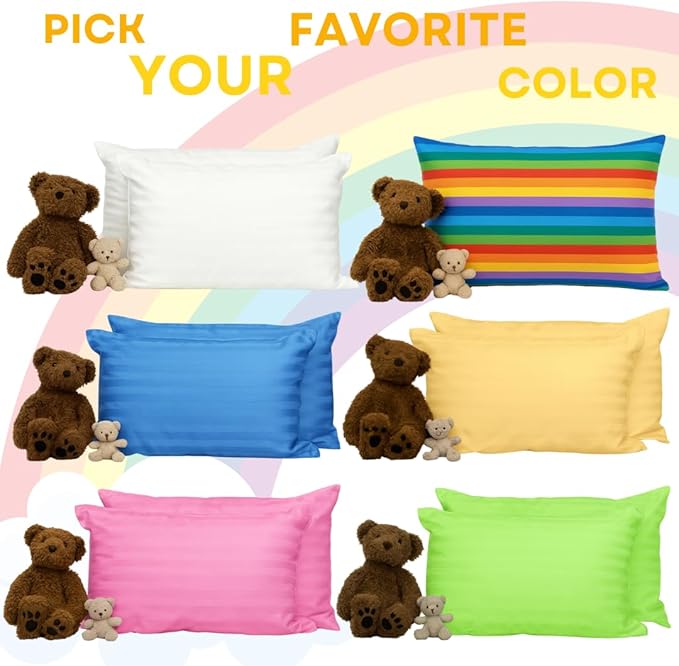 kinder Fluff Toddler Pillow (2Pk) 13x18in – Small Pillow for Kids Age 2+, Bright Rainbow Design, 100% Cotton Sateen Stripe 300T, Down Alternative Fill, Machine Washable, Colourful Kids Cushion - S